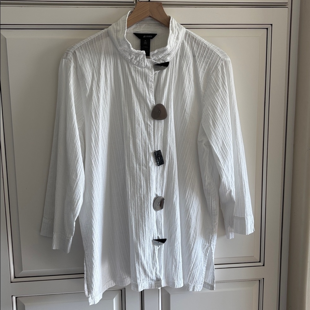 Ali Miles Textured‎ Stretch Cotton Minimalist  White Button Top Women’s Size XL